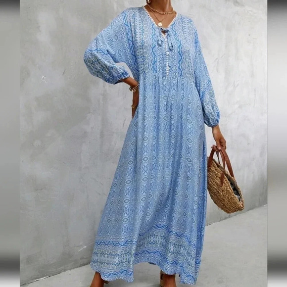 Allover Print Tie Neck Lantern Sleeve Dress - Picture 2 of 6